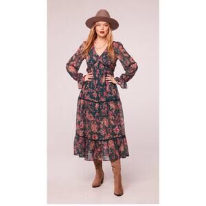 BAND OF THE FREE BOG RUN‎ THE WORLD PINE BERRY PAISLEY EMPIRE WAIST MIDI DRESS S